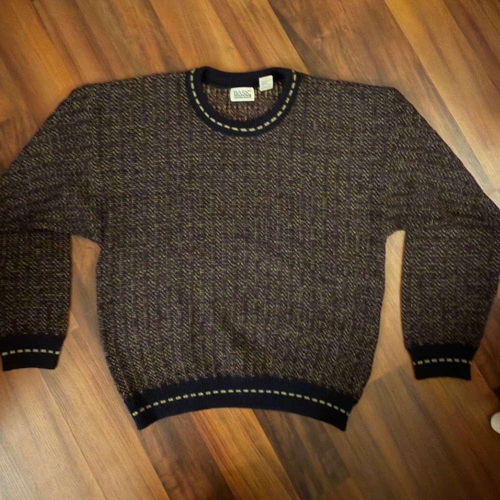 Basic Editions Men Textured Knit Pullover Sweater Navy‎ Blue Tan Large